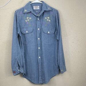 Vtg 70s BIG MAC Chambray Work Shirt Hand EmbroideredFloral HippieBoho JCPenney S